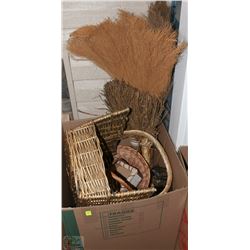 BOX OF WICKER BASKETS, METAL TRAY AND BROOM