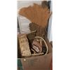 Image 1 : BOX OF WICKER BASKETS, METAL TRAY AND BROOM