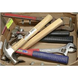 LOT OF ASSORTED HAND TOOLS INC HAMMERS, WRENCHES