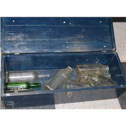 LOCKABLE WOOD TOOLBOX FULL OF GLASS JARS