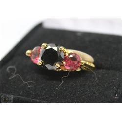 GOLD PLATED LADIES PINK/BLACK ON GOLD RING SZ 7