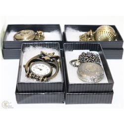 LOT OF 4 NEW MINI POCKET WATCHES ALL INCL AN OWL.