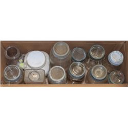 BOX WITH GLASS SEALER JARS AND VINTAGE CLUBHOUSE