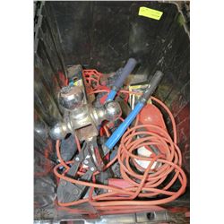 BIN OF ASSORTED ITEMS INCLUDING TRAILER HITCH