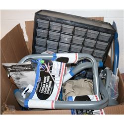 BOX OF MISC. W/ HANGER HOOKS, ORGANIZER BOX, ETC.