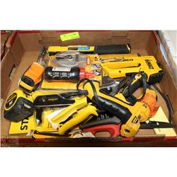 FLAT OF ASSORTED TAPE MEASURES, STAPLE GUNS,