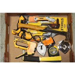 FLAT OF ASSORTED TAPE MEASURES, STAPLE GUNS,