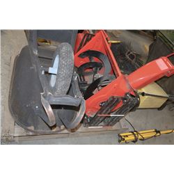 PALLET WITH WHEELBARREL  , RACK AND SNOWBLOWER