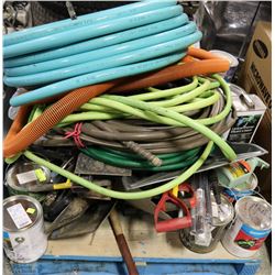 PALLET OOF ASSORTED PAINTS,HOSES & GARDEN TOOLS