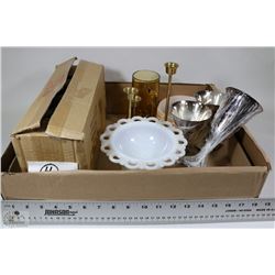 FLAT WITH MILK GLASS BOWL, FIREKING DISHES, BRASS