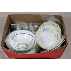 BOX WITH ASSORTED HOUSEWARES DISHES, SILVERWARE