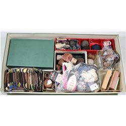 BOX WITH ASSORTED SEWING ESSENTIALS INCL , ZIPPER,