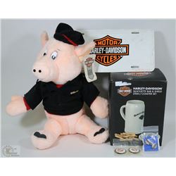 LOT WITH HARLEY HOG, 1985 HARLEY EARRINGS, HARLEY