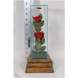 GLASS ENCASED ARTIFICIAL  ROSES ON WOOD BASE