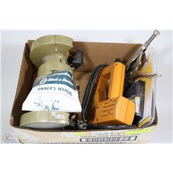 BOX OF SHOP TOOLS- GRINDER, ELECTRIC STAPLER, AND