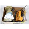 BOX OF SHOP TOOLS- GRINDER, ELECTRIC STAPLER, AND