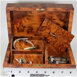 WOOD BOX WITH KEY AND MENS ACCESSSORIES 9 ITEMS