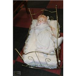VINTAGE ESTATE DOLL CRADLE WITH DOLL