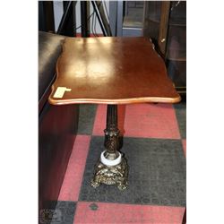 MAHOGANY SIDE TABLE W/BRASS & MARBLE PEDESTAL