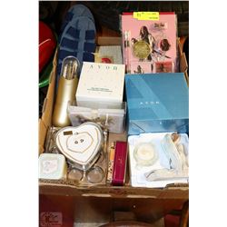 BOX OF AVON ORNAMENTS AND NEW MISC