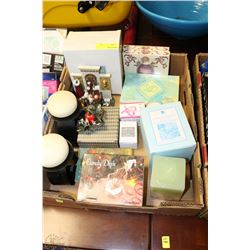 BOX WITH AVON CANDLE HOLDERS AND NEW ITEMS