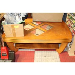 OAK AND GLASS COFFEE TABLE 34"X49"X19"H