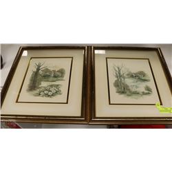 PAIR OF GOLD FRAMED FARM HOUSE PICTURES BY ARTIST