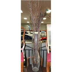 TALL HEAVY CLEAR GLASS VASE WITH WILLOW & PEACOCK
