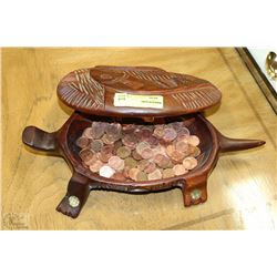 WOOD CARVED TURTLE WITH CONTENTS