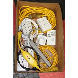 BOX W/EXTENSION CORDS, POWER BARS,