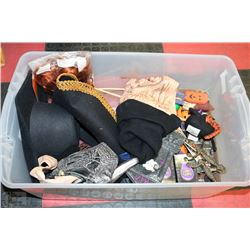 LARGE CLEAR BIN W/HALLOWEEN ITEMS INCL.