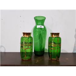 THREE GREEN ART GLASS VASES