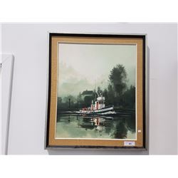 FRAMED OIL ON CANVAS PAINTING OF A TUGBOAT SIGNED DOUGLASS HOGG