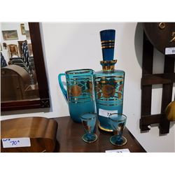 BOHEMIAN CRYSTAL DECANTER AND PITCHER IN AQUAMARINE