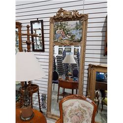 LARGE VICTORIAN ORNATLEY FRAMED WALL MIRROR W/ NEEDLEPOINT PANEL SOME DAMAGE TO TOP