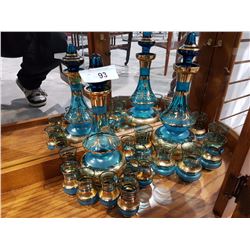PAIR OF BOHEMIAN CRYSTAL DECANTER SETS IN AQUAMARINE