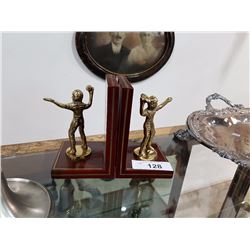 PAIR OF BRASS & WOOD FOOTBALL BOOKENDS