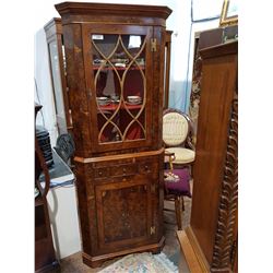 BURLED WALNUT CORNER CABINET W/KEYS