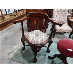 HIGHLY CARVED MAHOGANY CORNER CHAIR W/BALL IN CLAW FEET