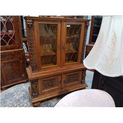 FABULOUS HIGHLY CARVED OAK CUPBOARD W/LEADED STAINED GLASS DOORS