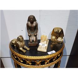 COLLECTION OF 3 BRASS EGYPTIAN FIGURES AND 1 CARVED STONE SPHYNX