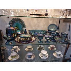 SHELF OF BLUE CARNIVAL GLASS