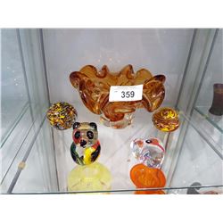 COLLECTION OF 4 ART GLASS PAPERWEIGHTS AND CHALET GLASS DISH