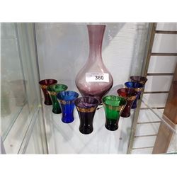 CAITHNESS CRYSTAL AMETHYST GLASS DECANTER AND 8 GLASSES