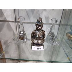 PAIR OF GLASS SEAL CANDLESTICKS AND METAL BOBBY COINBANK