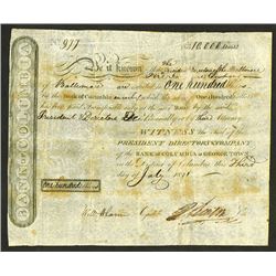 Bank of Columbia at Georgetown, 1811 Issued Stock Certificate.
