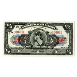 Banco De Reserva Del Peru, 1926 "Unissued" Specimen Only Issue Banknote.