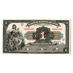 Banco De Reserva Del Peru, 1926 "Unissued" Specimen Only Issue Banknote.