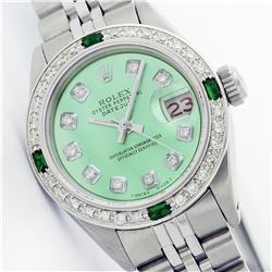 Womens Rolex Stainless Steel Diamond and Emerald Datejust Wristwatch