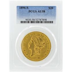 1896-S $20 Liberty Head Double Eagle Gold Coin PCGS AU58